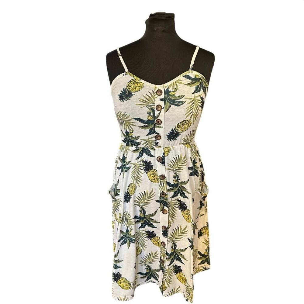 Angashion White Novelty Pineapple Print Spegetti Strap Casual Dress Size L